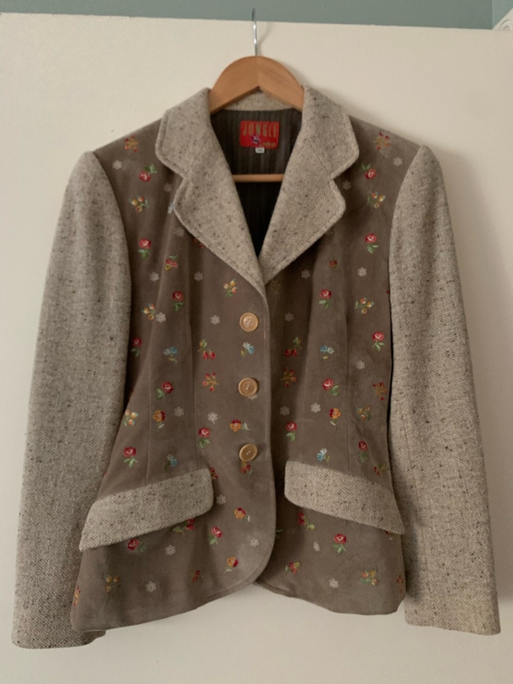 Vintage Kenzo Taupe  Blazer with Embroidery and Cream Tweed Sleeves and Skirt